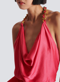 Top dos-nu drapé en soie - Rose Fuchsia