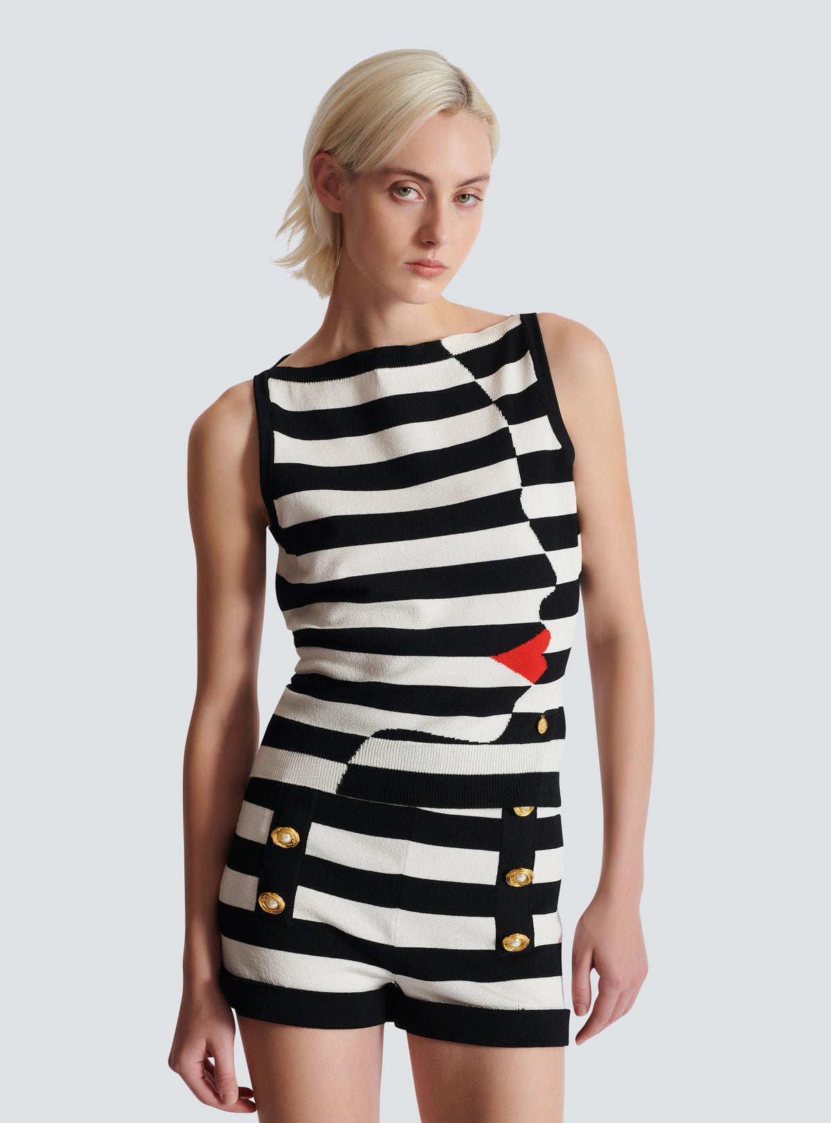 Top en maille motif face marinière - Noir & Blanc & Rouge Vif