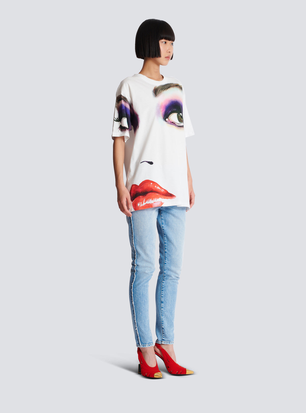 T-shirt imprimé visage - Blanc & Multicolore