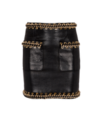 Jupe courte en cuir d'agneau avec chaînes - Noir & Or