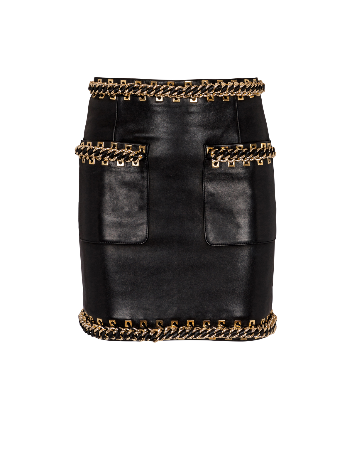 Jupe courte en cuir d'agneau avec chaînes - Noir & Or