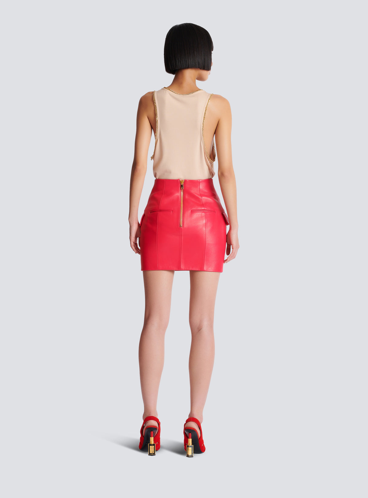 Jupe courte en cuir d'agneau  - Fuchsia Vif