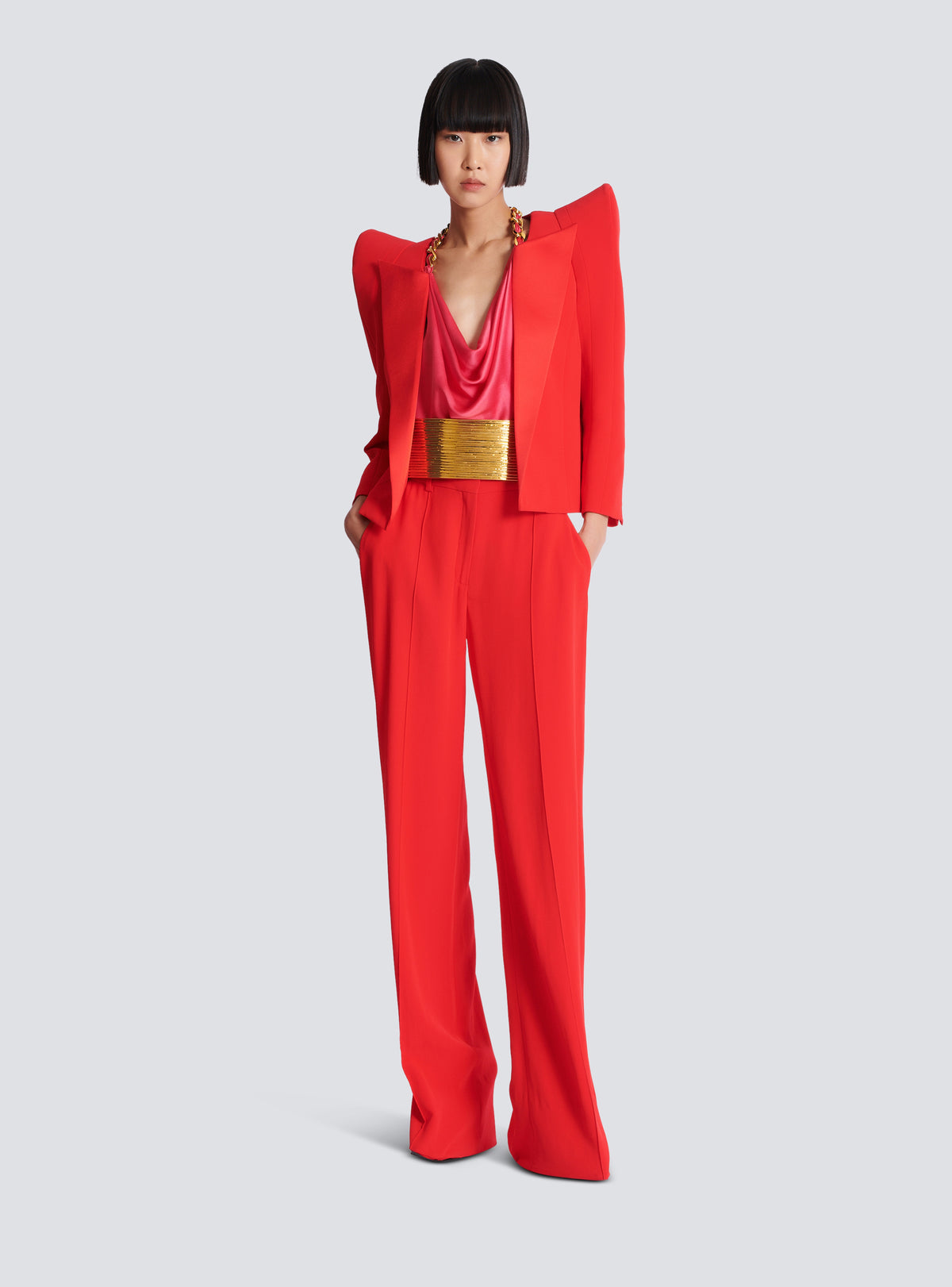 Pantalon tailleur droit en crêpe - Rouge Fonce