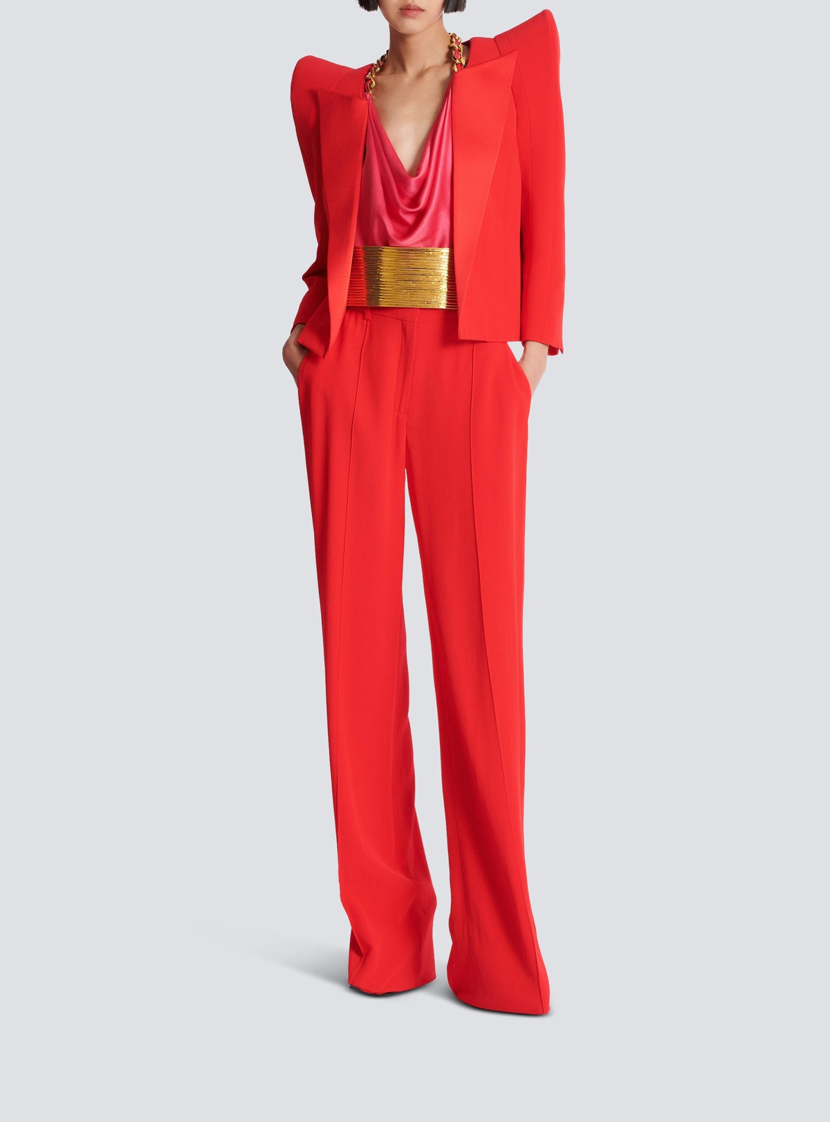 Pantalon tailleur droit en crêpe - Rouge Fonce