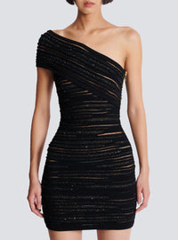 Robe asymétrique en maille roulottée brillante - Noir & Argent
