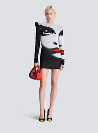 Robe en maille jacquard motif face  - Noir & Blanc & Rouge Vif