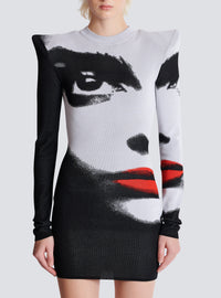 Robe en maille jacquard motif face  - Noir & Blanc & Rouge Vif