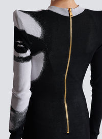 Robe en maille jacquard motif face  - Noir & Blanc & Rouge Vif