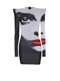 Robe en maille jacquard motif face  - Noir & Blanc & Rouge Vif