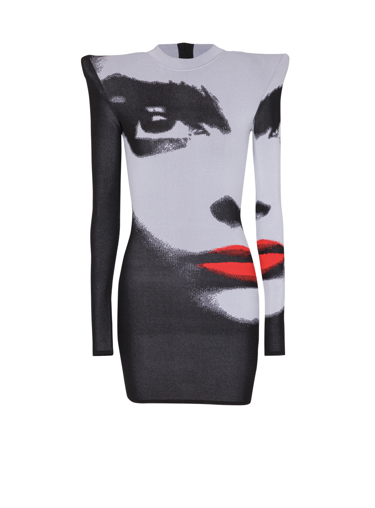 Robe en maille jacquard motif face  - Noir & Blanc & Rouge Vif