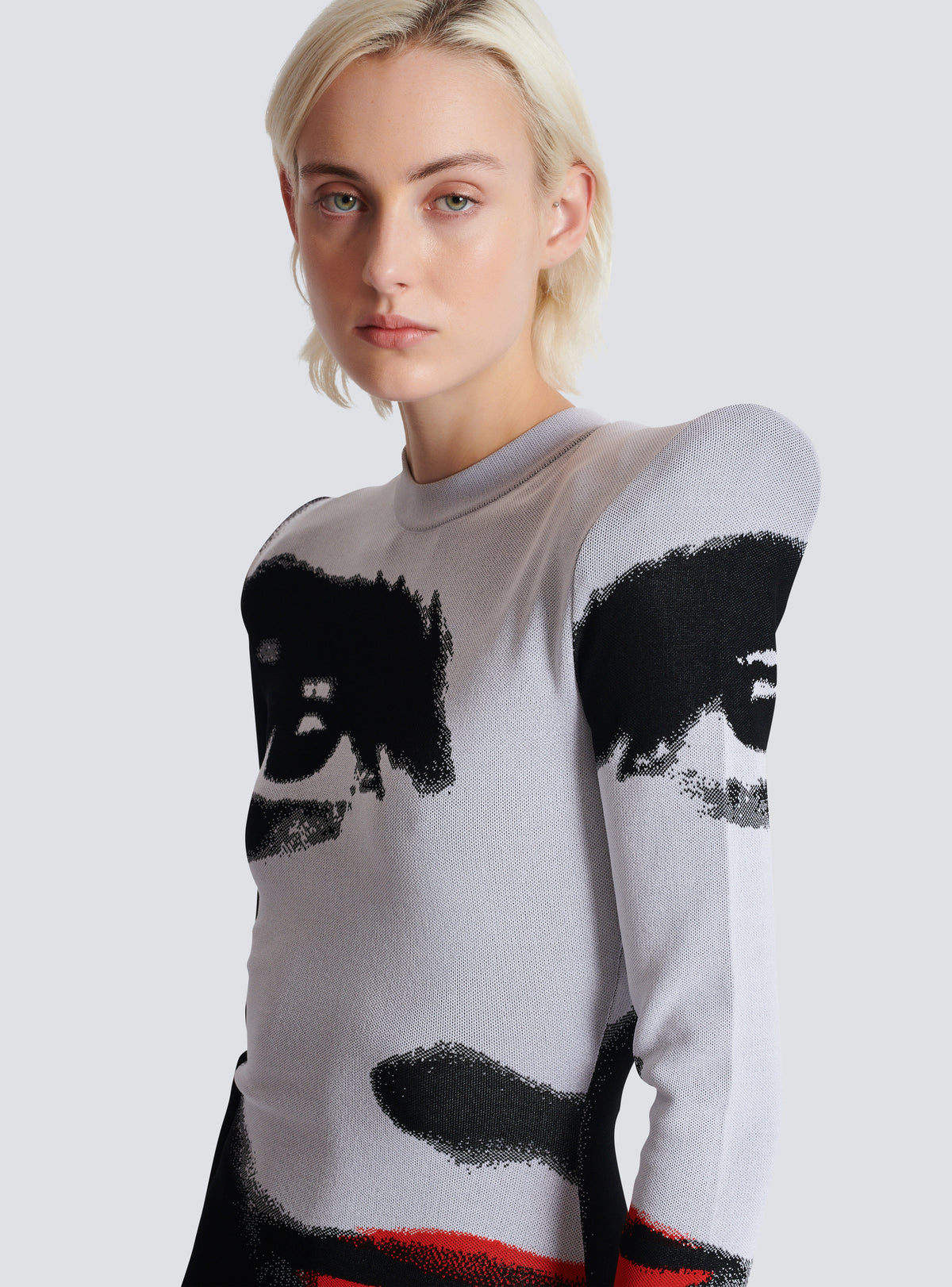 Robe en maille jacquard motif face  - Noir & Blanc & Rouge Vif
