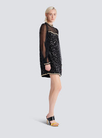 Robe en mousseline et sequins perlés  - Noir & Or & Blanc