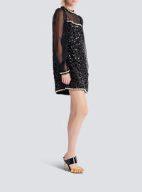 Short dress in chiffon and beaded sequins - Black & Gold & White