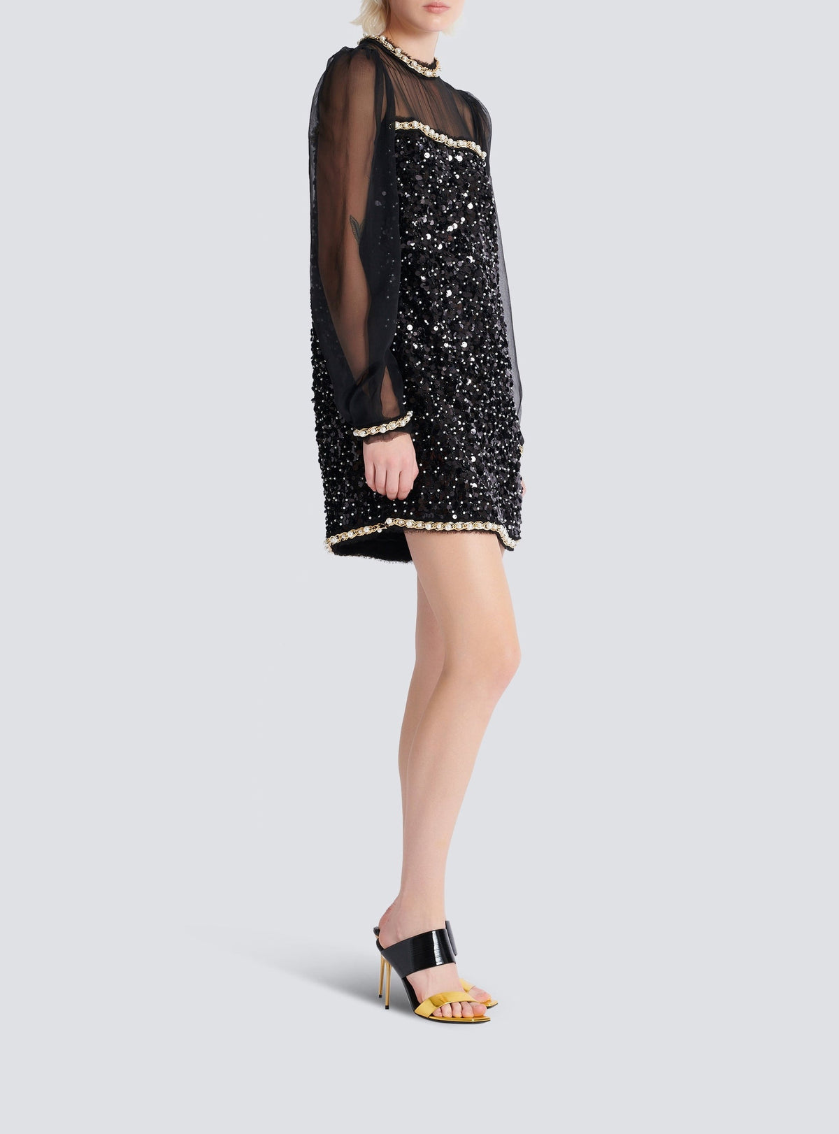 Short dress in chiffon and beaded sequins - Black & Gold & White