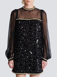 Robe en mousseline et sequins perlés  - Noir & Or & Blanc