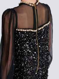 Robe en mousseline et sequins perlés  - Noir & Or & Blanc