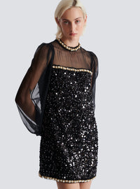 Robe en mousseline et sequins perlés  - Noir & Or & Blanc