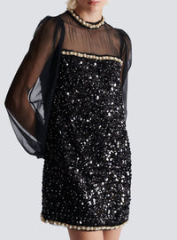 Short dress in chiffon and beaded sequins - Black & Gold & White