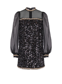 Short dress in chiffon and beaded sequins - Black & Gold & White