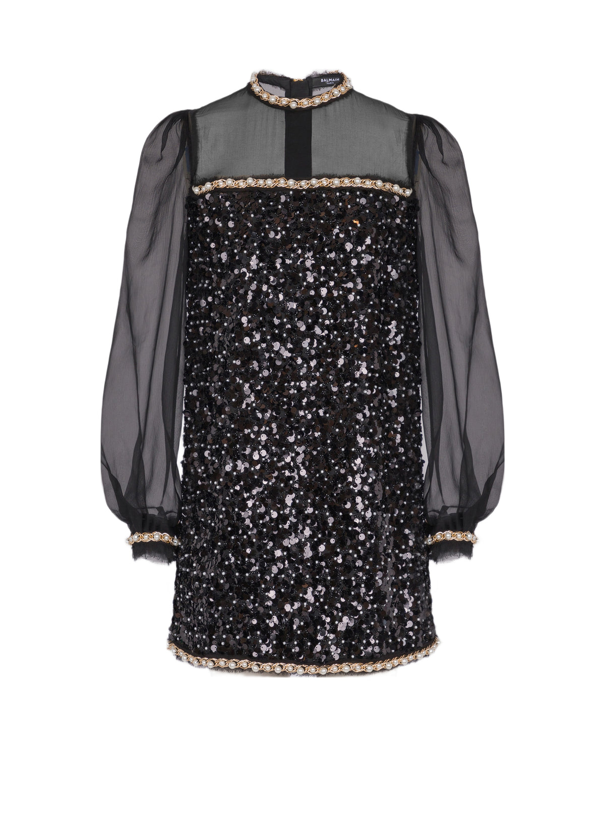 Short dress in chiffon and beaded sequins - Black & Gold & White