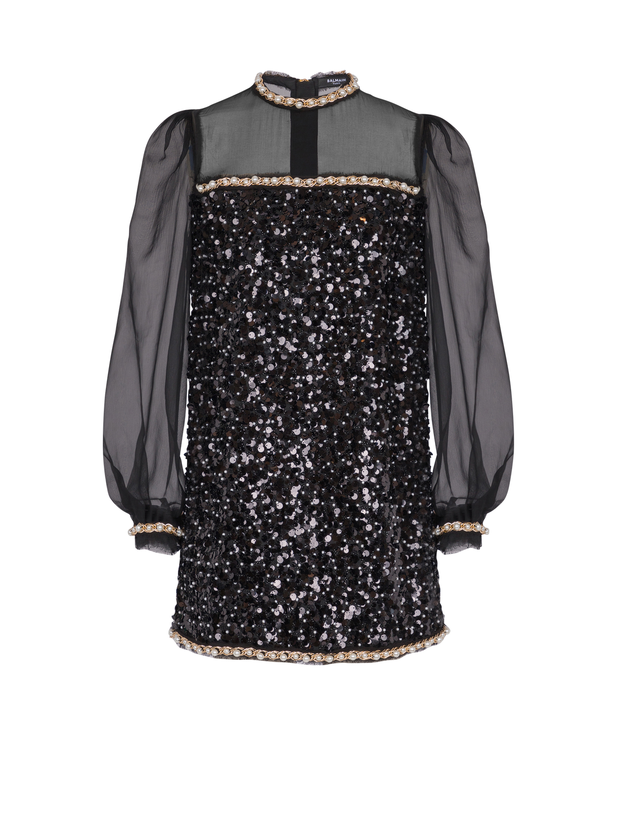 Robe en mousseline et sequins perlés  - Noir & Or & Blanc