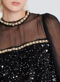 Short dress in chiffon and beaded sequins - Black & Gold & White
