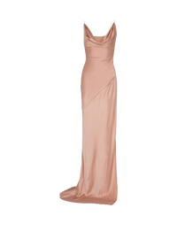 Robe fendue en satin drapé  - Beige Poudre