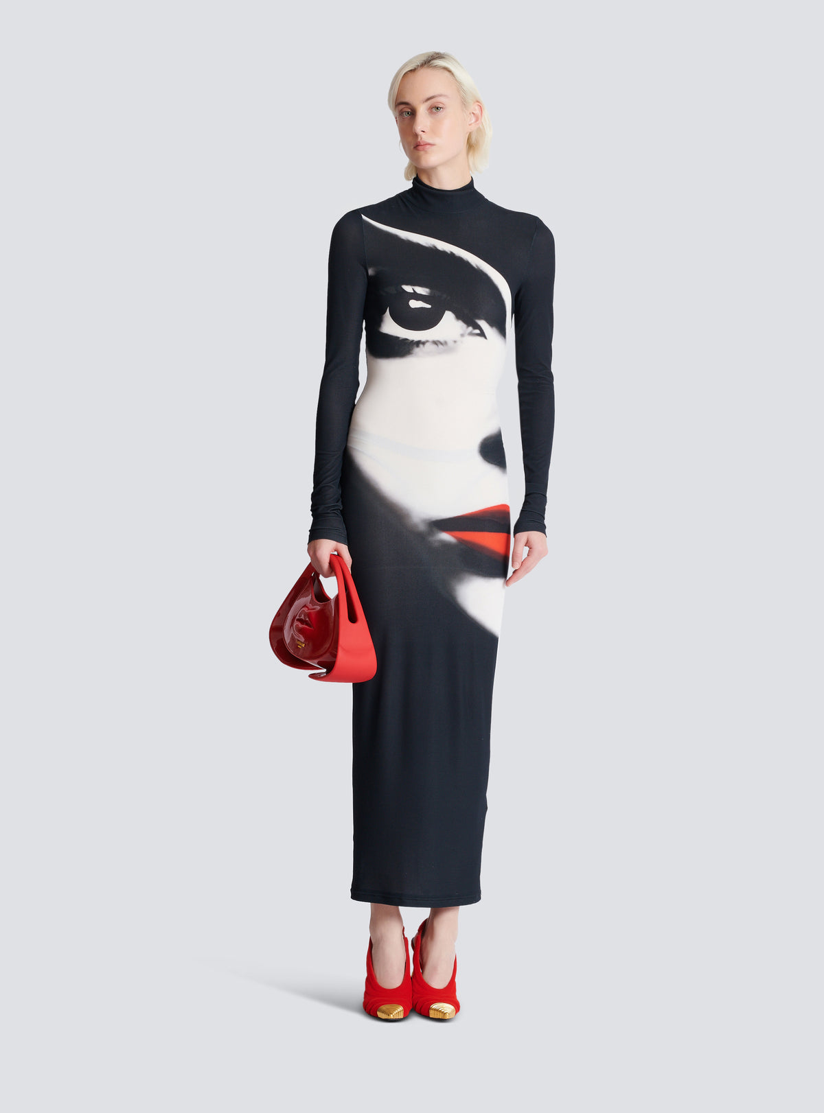 Robe longue moulante avec imprimé visage - Noir & Blanc & Rouge Vif