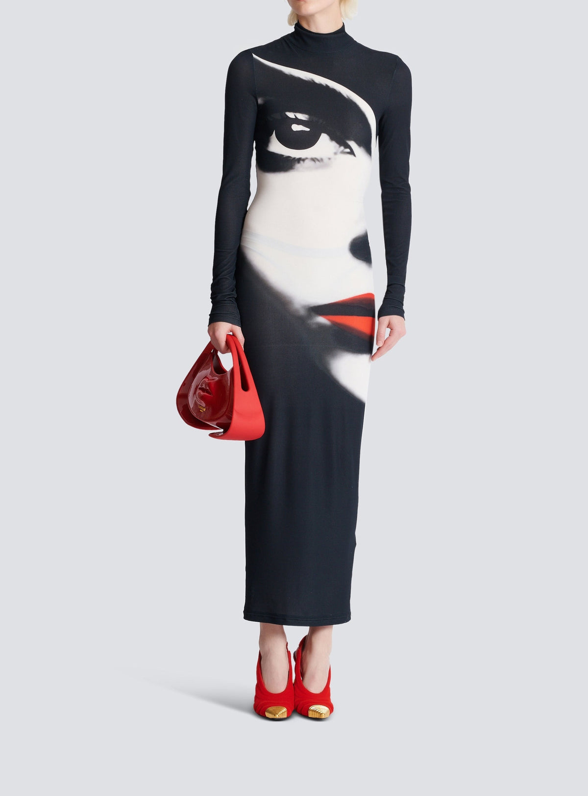 Bodycon long dress with face print - Black & White & Vivid Red