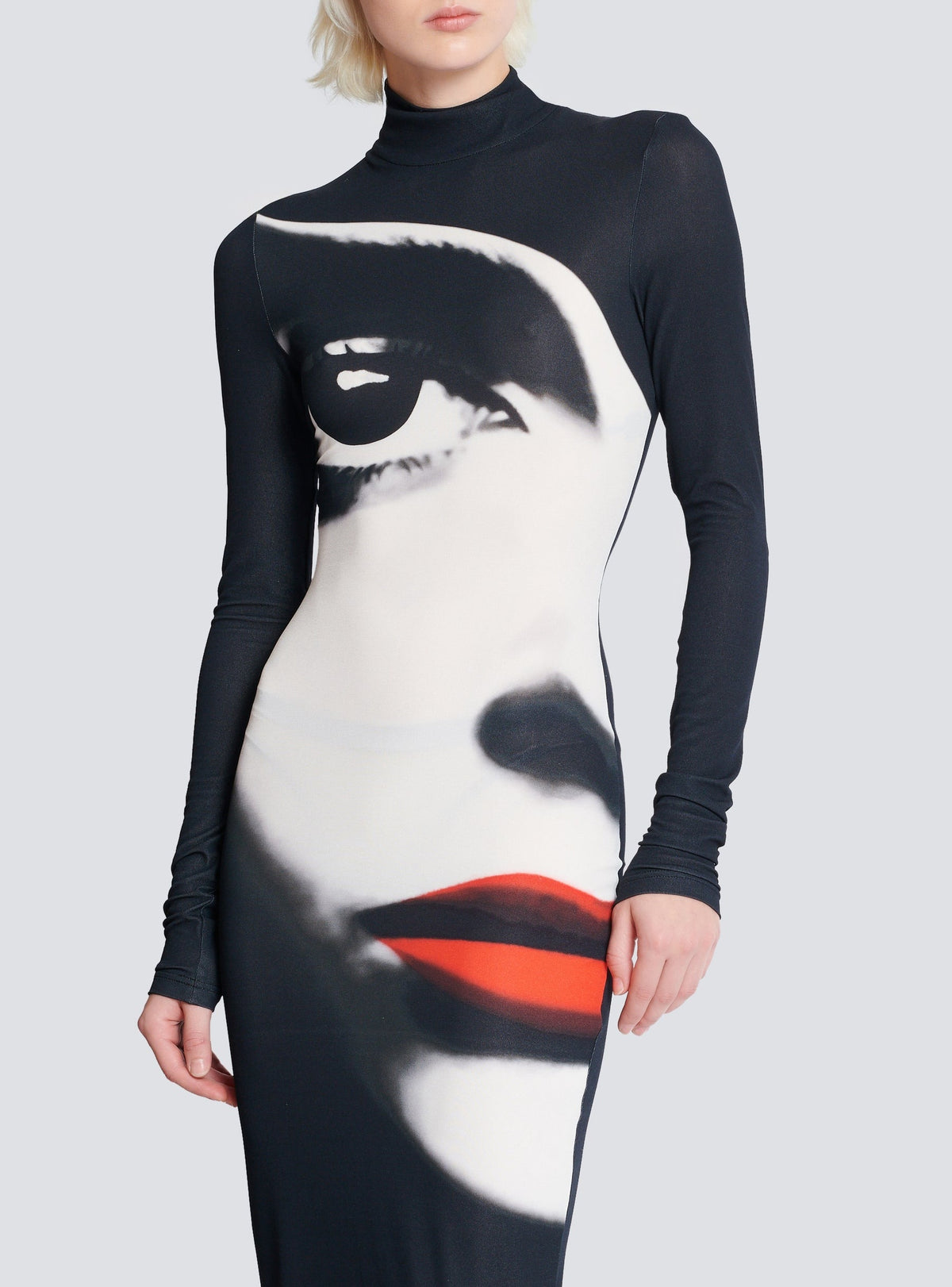 Bodycon long dress with face print - Black & White & Vivid Red