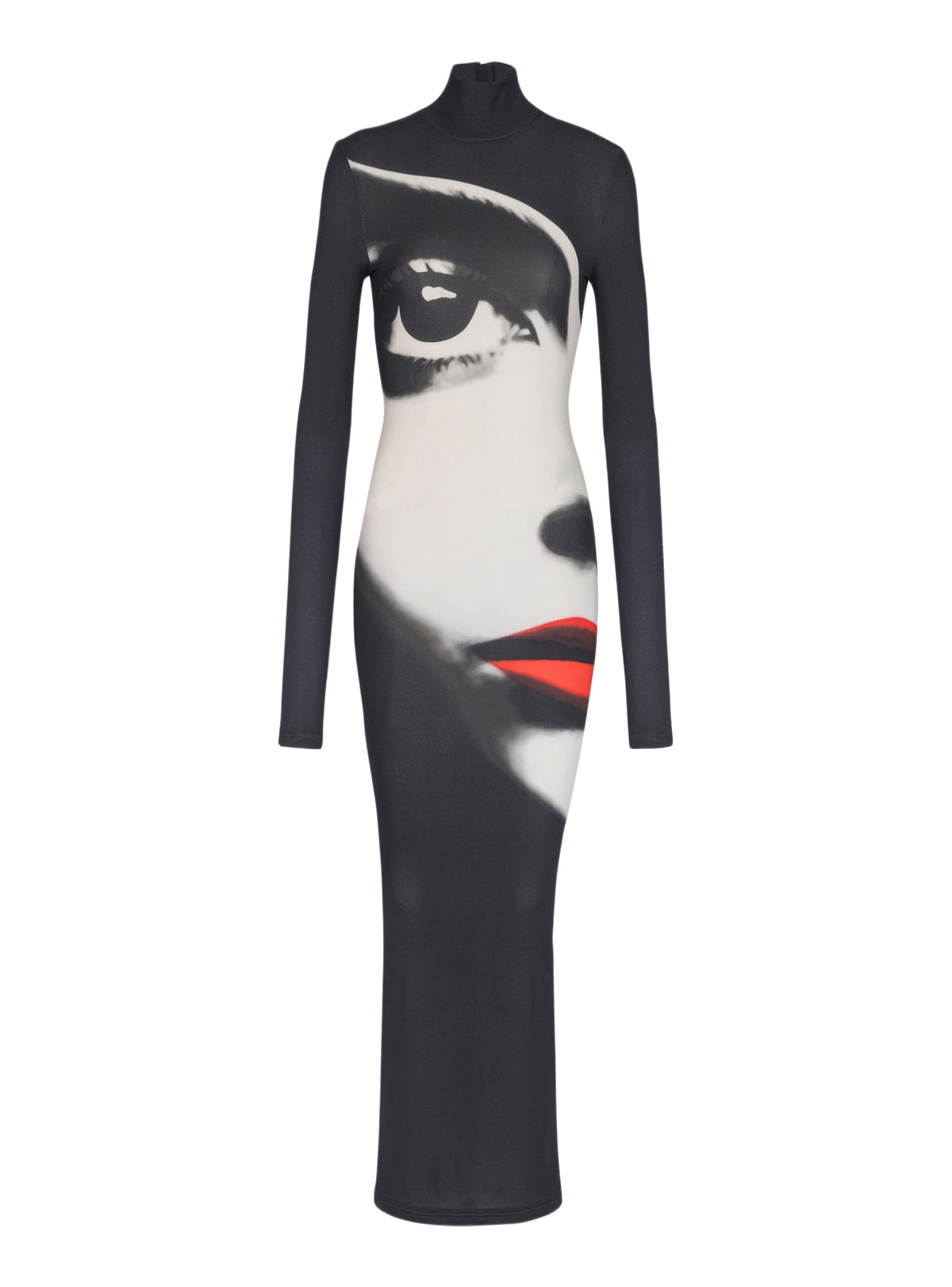 Bodycon long dress with face print - Black & White & Vivid Red
