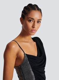 Robe bi-matière asymétrique et drapée  - Noir & Argent