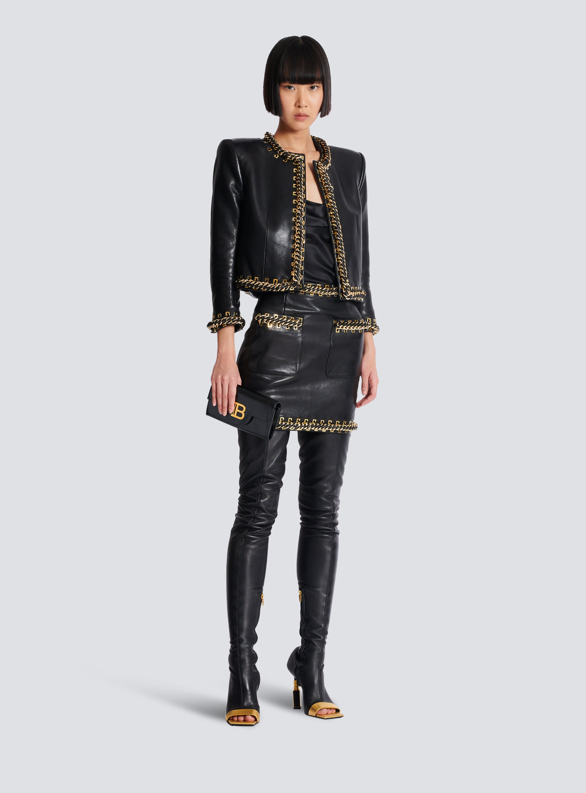 Veste bord à bord en cuir d'agneau avec chaînes - Noir & Or