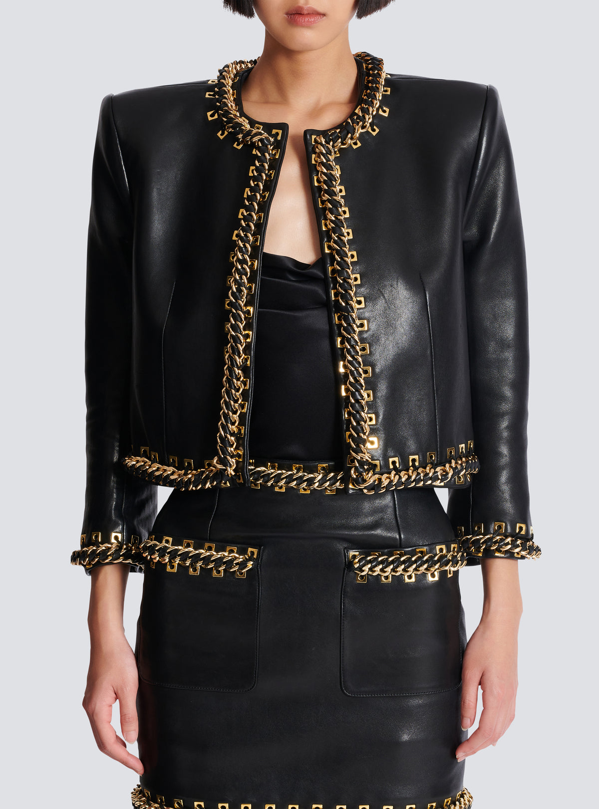 Veste bord à bord en cuir d'agneau avec chaînes - Noir & Or