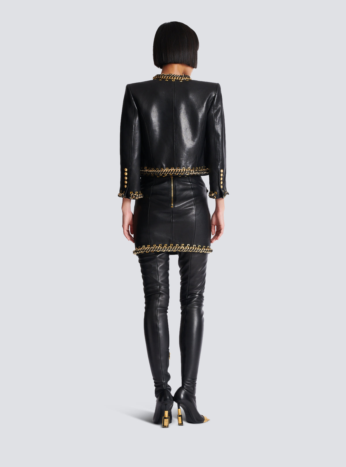 Veste bord à bord en cuir d'agneau avec chaînes - Noir & Or