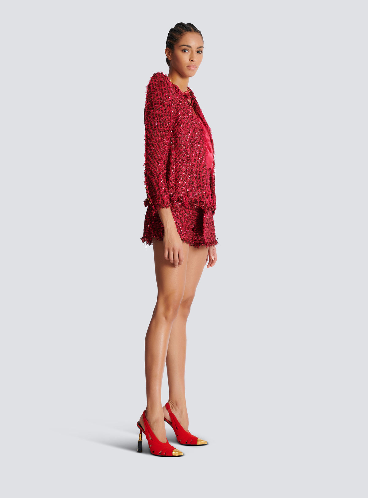 Veste bord à bord en tweed à sequins - Fuchsia Vif