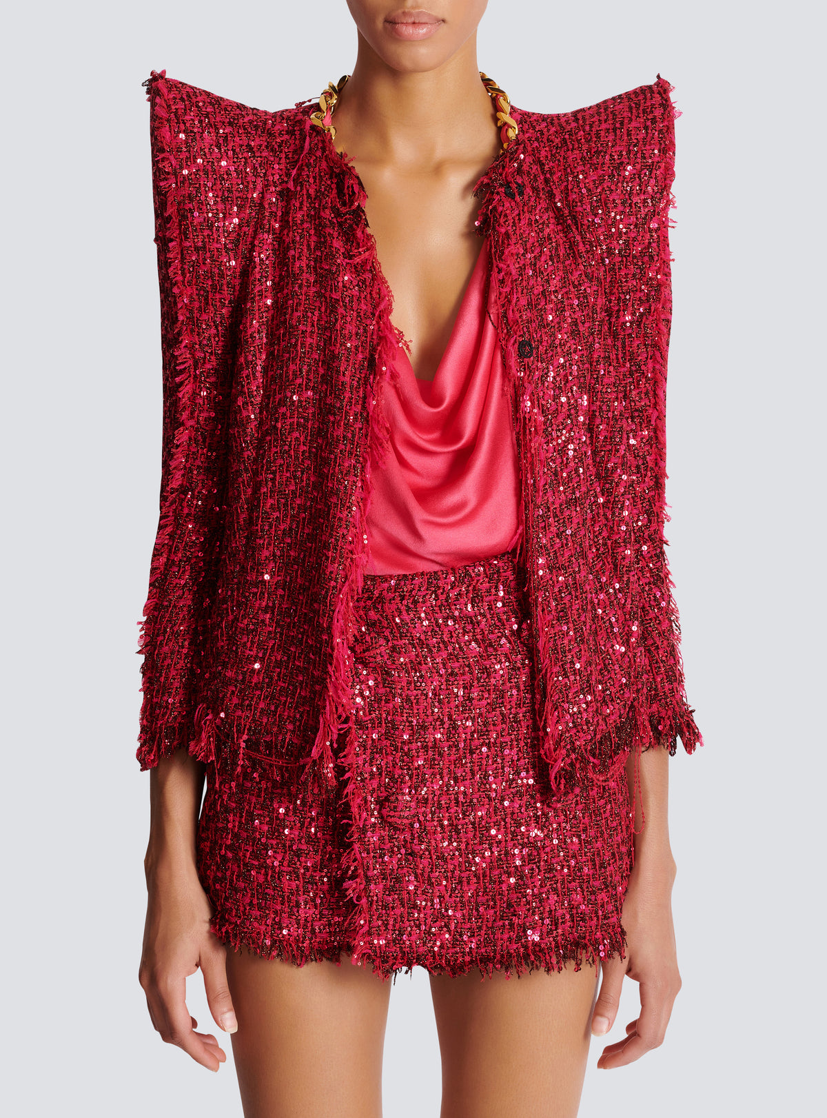 Veste bord à bord en tweed à sequins - Fuchsia Vif