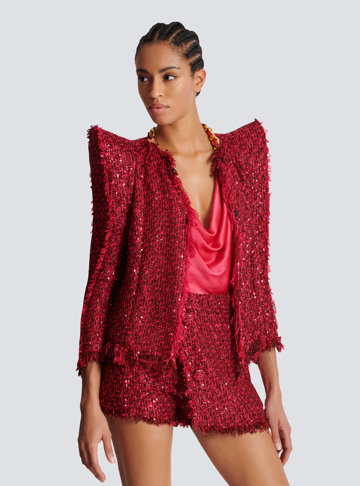 Veste bord à bord en tweed à sequins - Fuchsia Vif