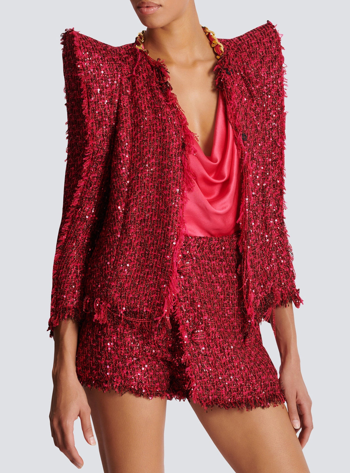 Veste bord à bord en tweed à sequins - Fuchsia Vif