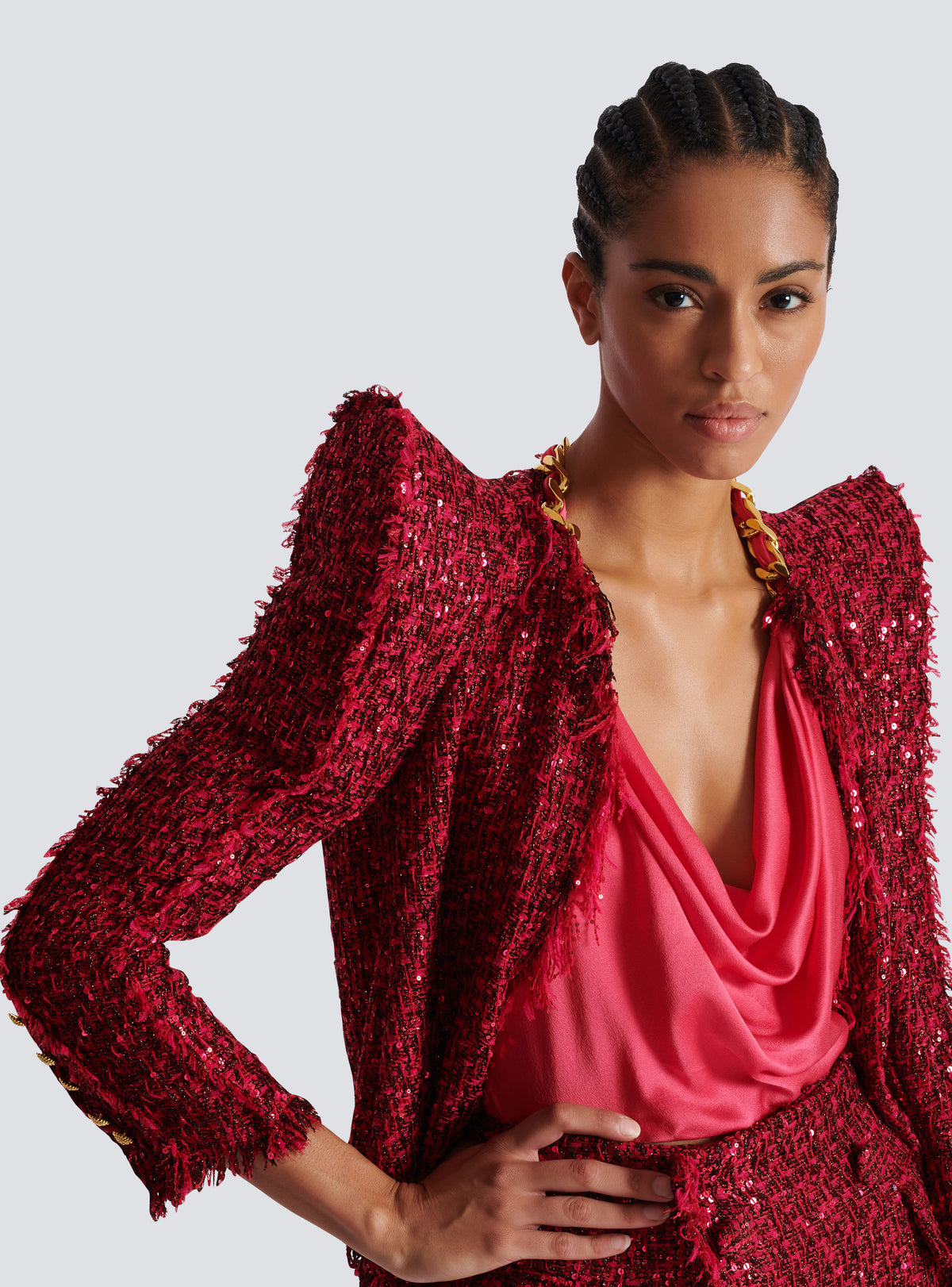 Veste bord à bord en tweed à sequins - Fuchsia Vif
