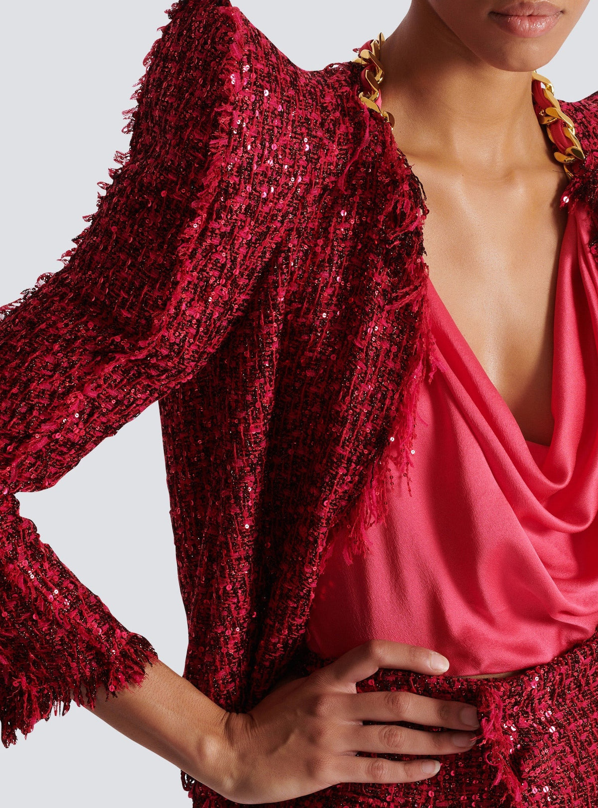 Veste bord à bord en tweed à sequins - Fuchsia Vif