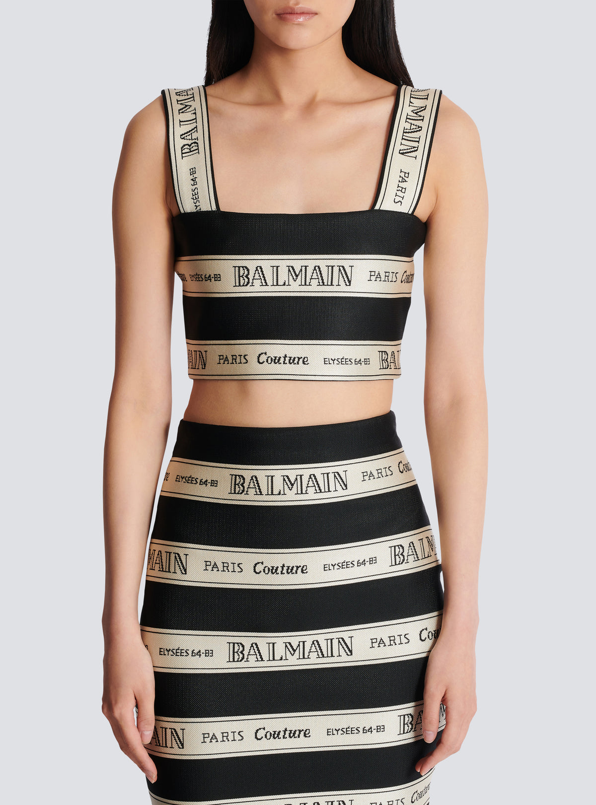 Top court en jacquard à motif ruban balmain - Noir & Beige