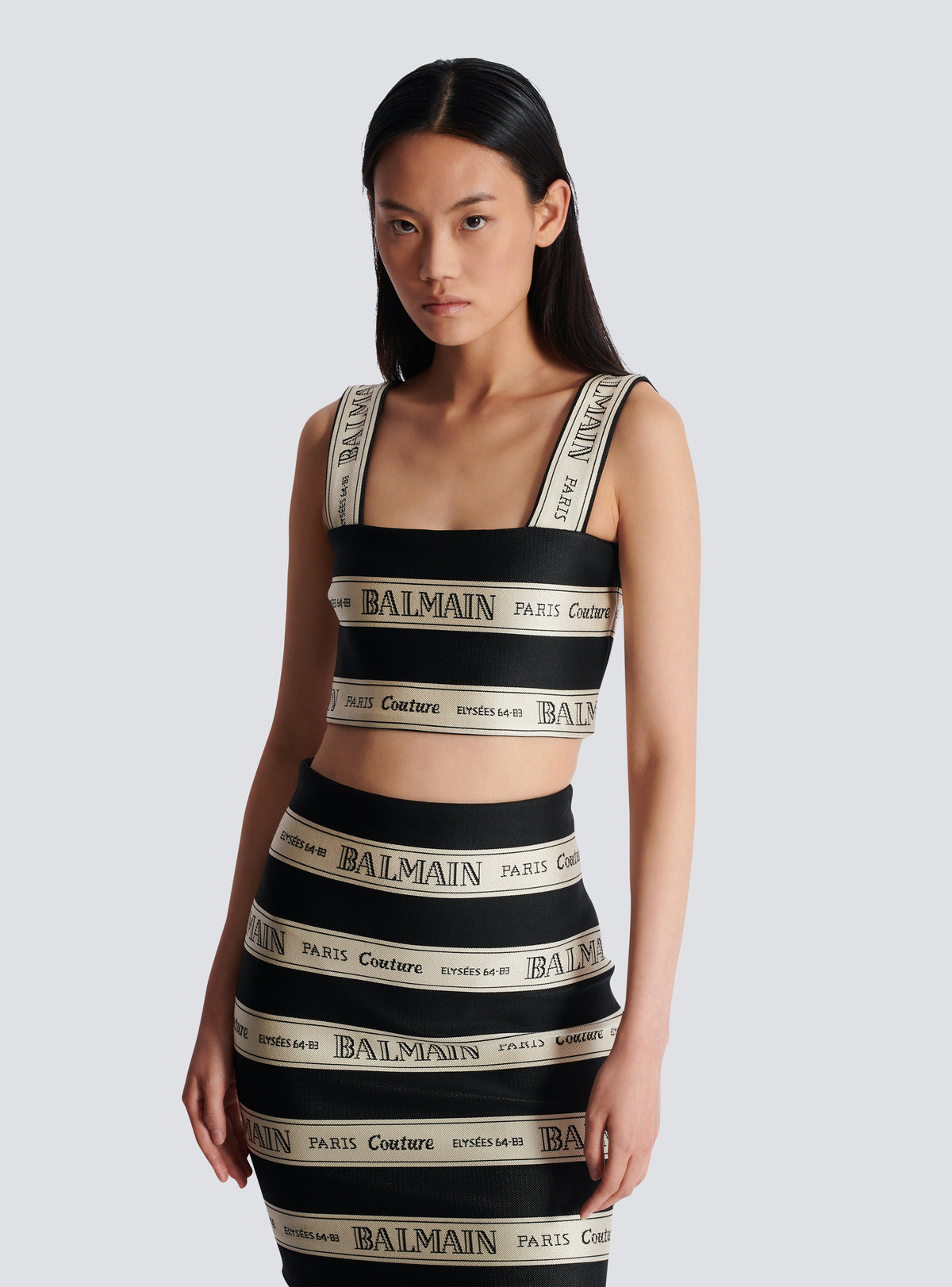 Top court en jacquard à motif ruban balmain - Noir & Beige