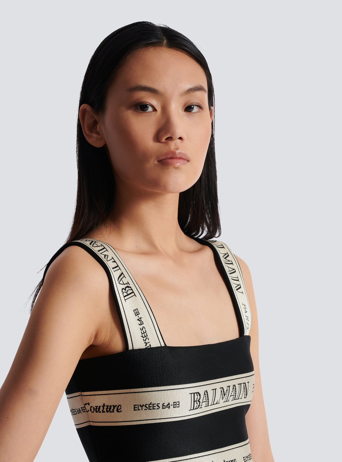 Top court en jacquard à motif ruban balmain - Noir & Beige