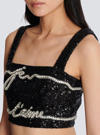 Top court brodé à sequins - Noir & Cristal