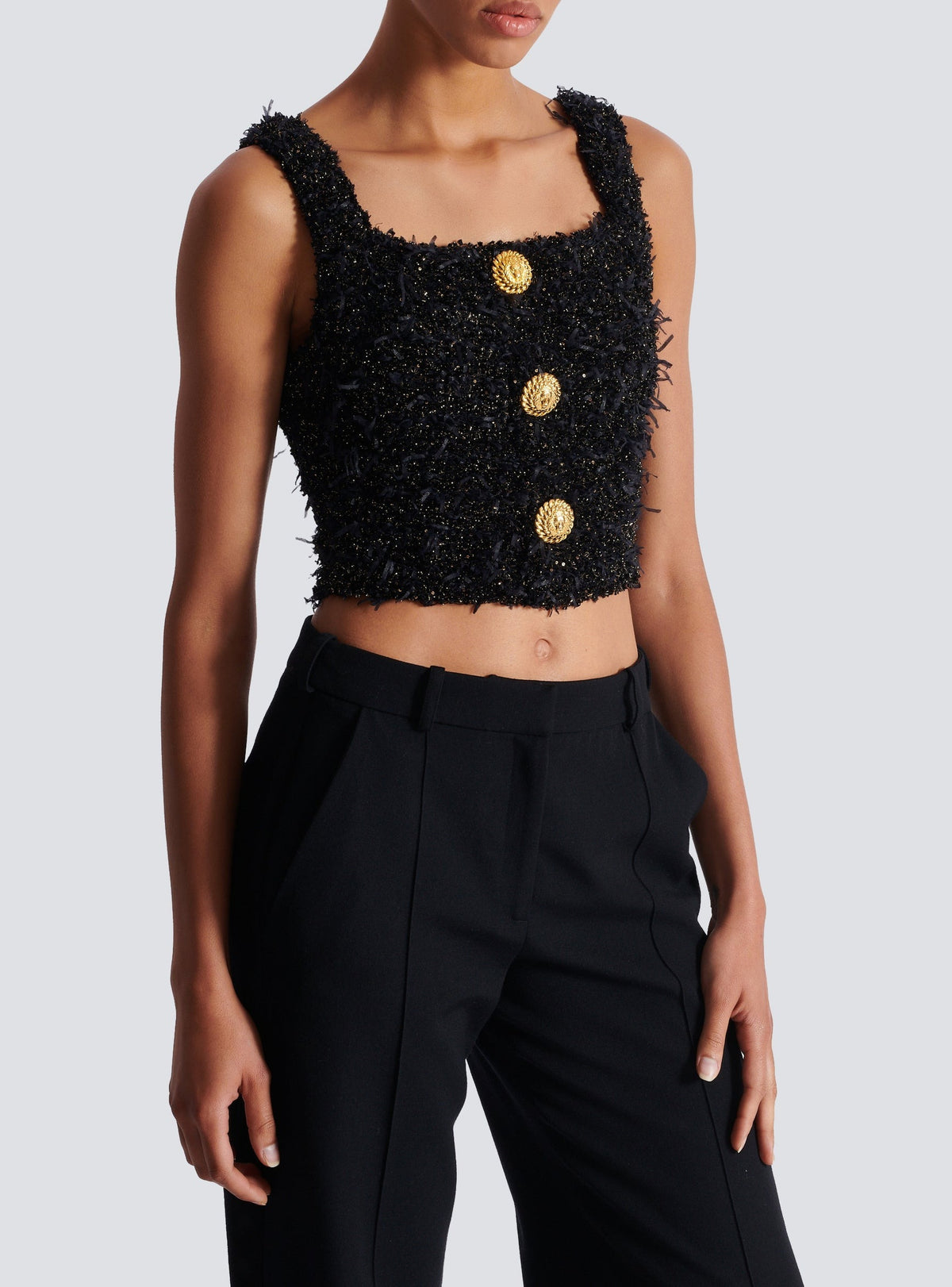Cropped tweed knit top - Noir & Or