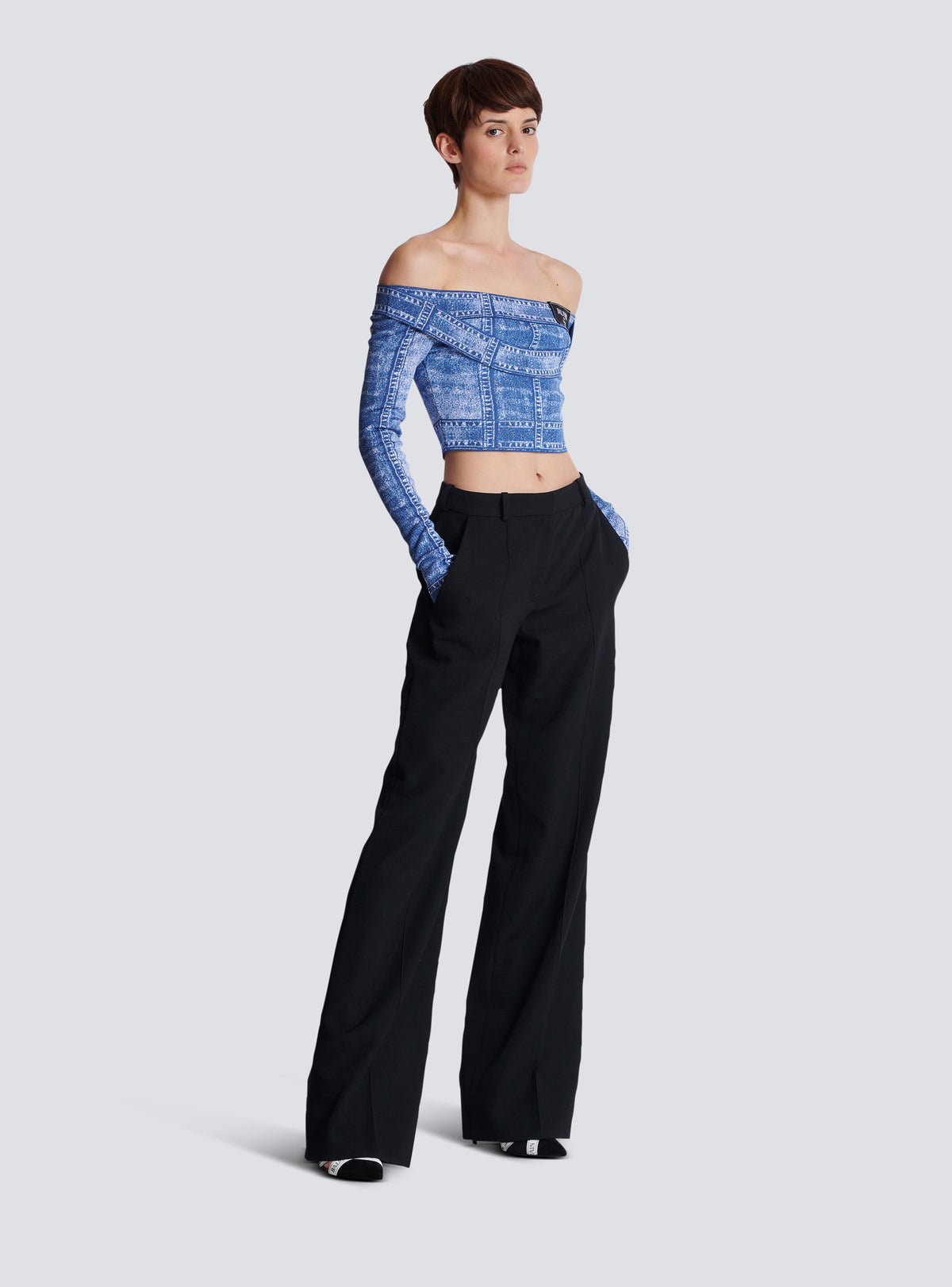 Top en denim trompe-l'œil, double col, manches longues - Bleu Jean