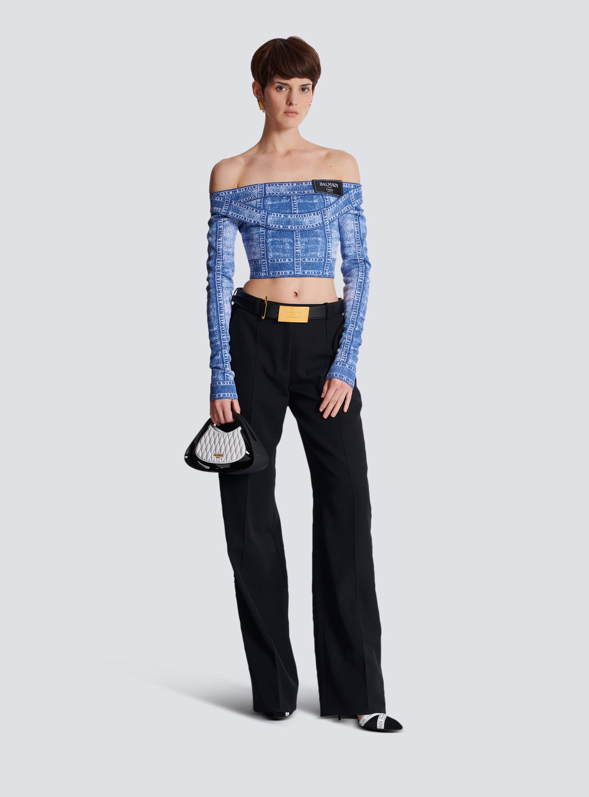Top en denim trompe-l'œil, double col, manches longues - Bleu Jean