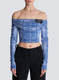 Top en denim trompe-l'œil, double col, manches longues - Bleu Jean