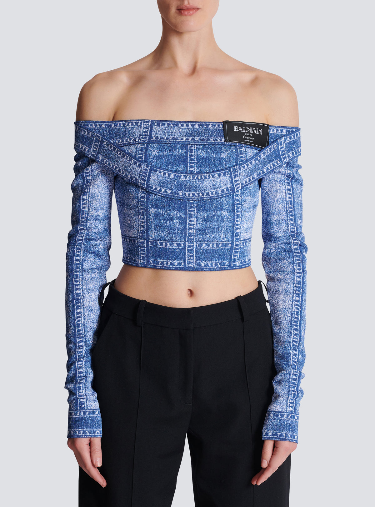 Top en denim trompe-l'œil, double col, manches longues - Bleu Jean